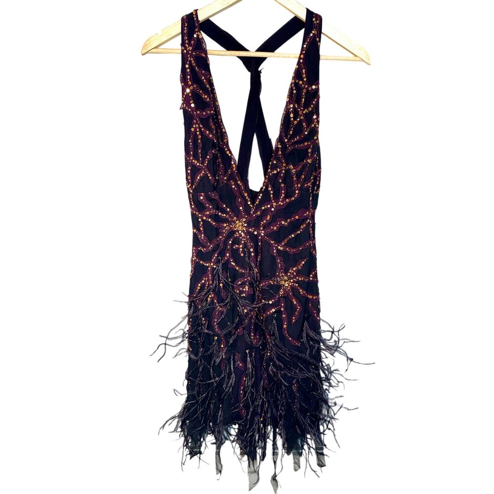 NWT Mandalay Black Purple Silk Beaded Sequin Feather Mini Evening Dress Size 2